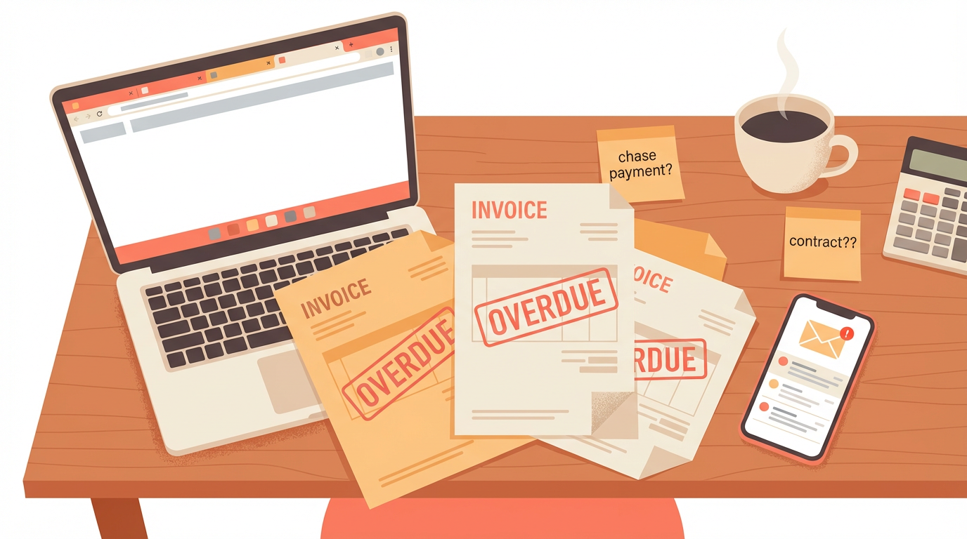 Illustration of a messy freelancer desk with overdue invoices and scattered paperwork